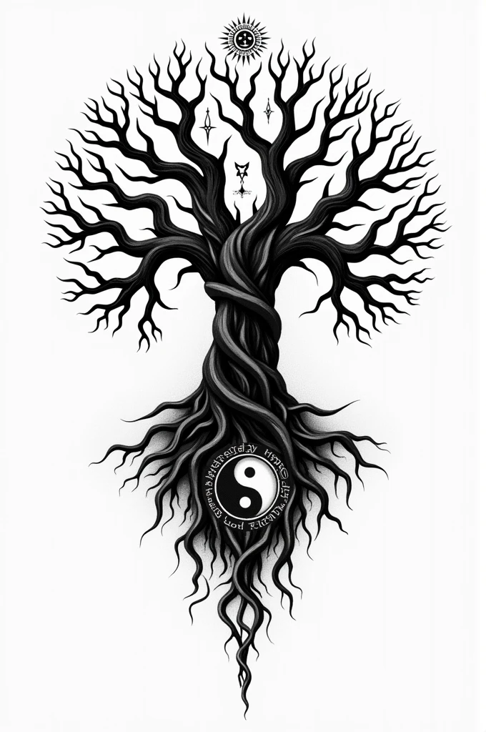 Can you make me the world tree for an iPhone wallpaper in an artistic way in black and white That looks like a yggdrasil tattoo With the Ying and the yang and Viking runes and the sun and the moon With fairly fine lines on the tree