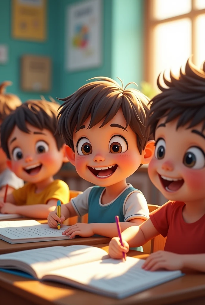 happy kids with big eyes studying english