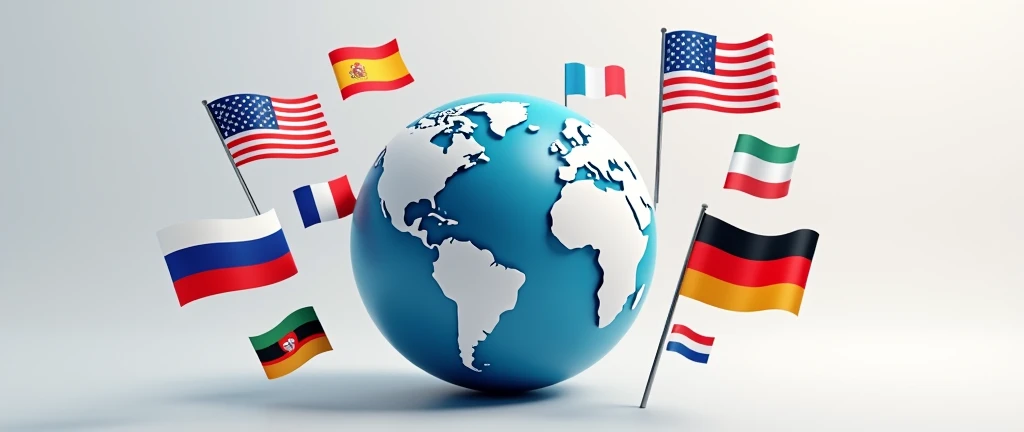 generate me an image with the english flag, American, espagnol, Portuguese, French, german, Dutch and Russian floating around a globe