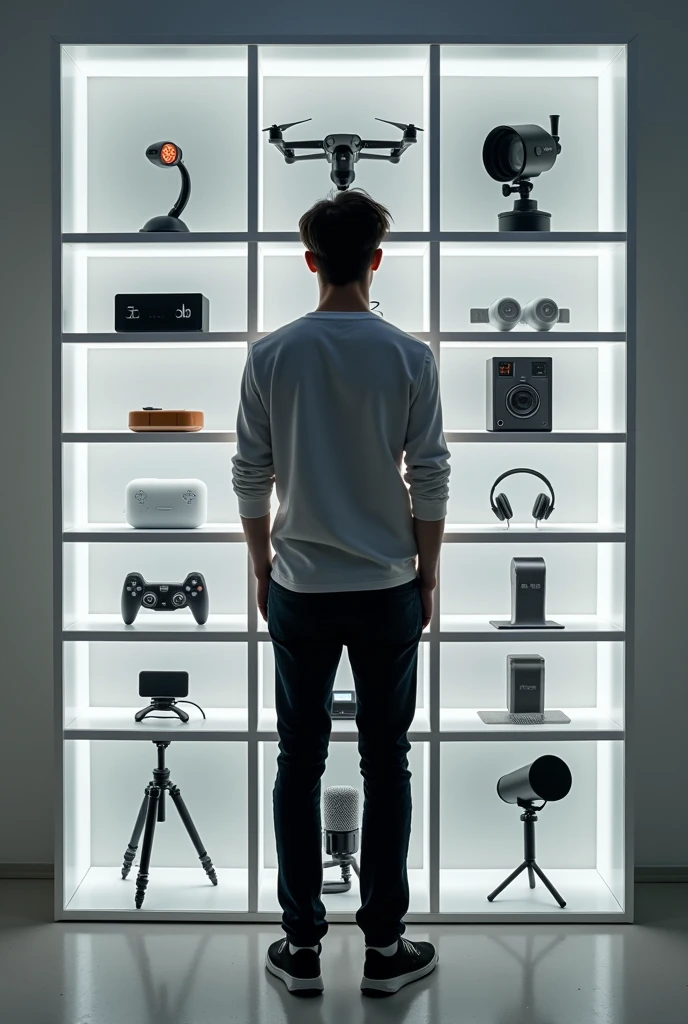 Create a 20yerar boy standing backside in front of the unique 10 numbers of different gadget like massager drone tripod vlog light microphone in shelves