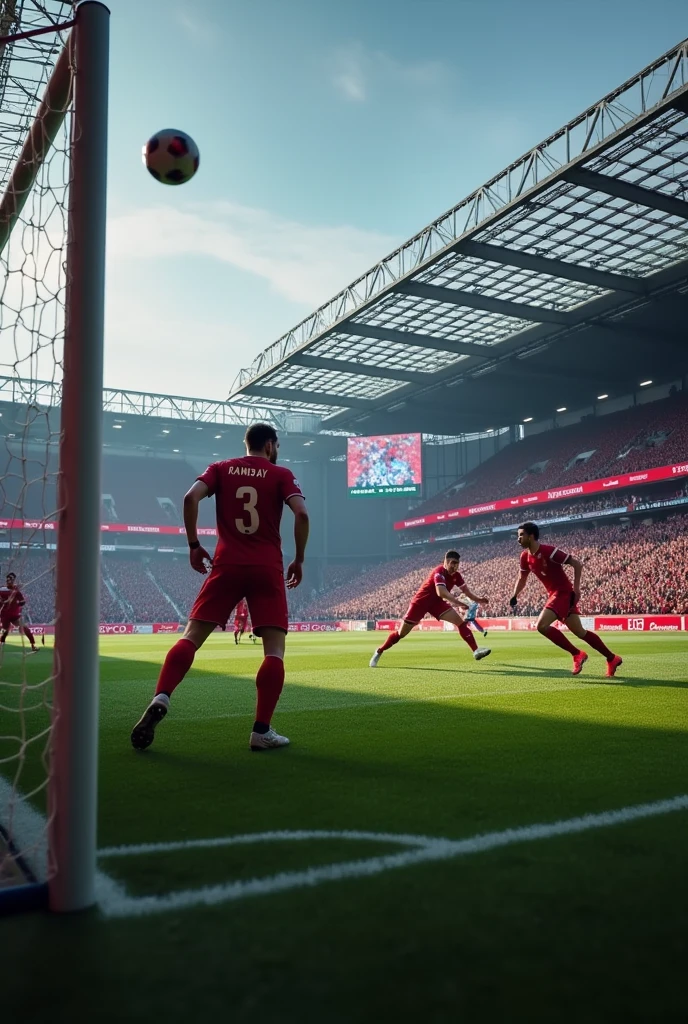 Anfield scoreboard showing 3 goals by a player called Ramsay