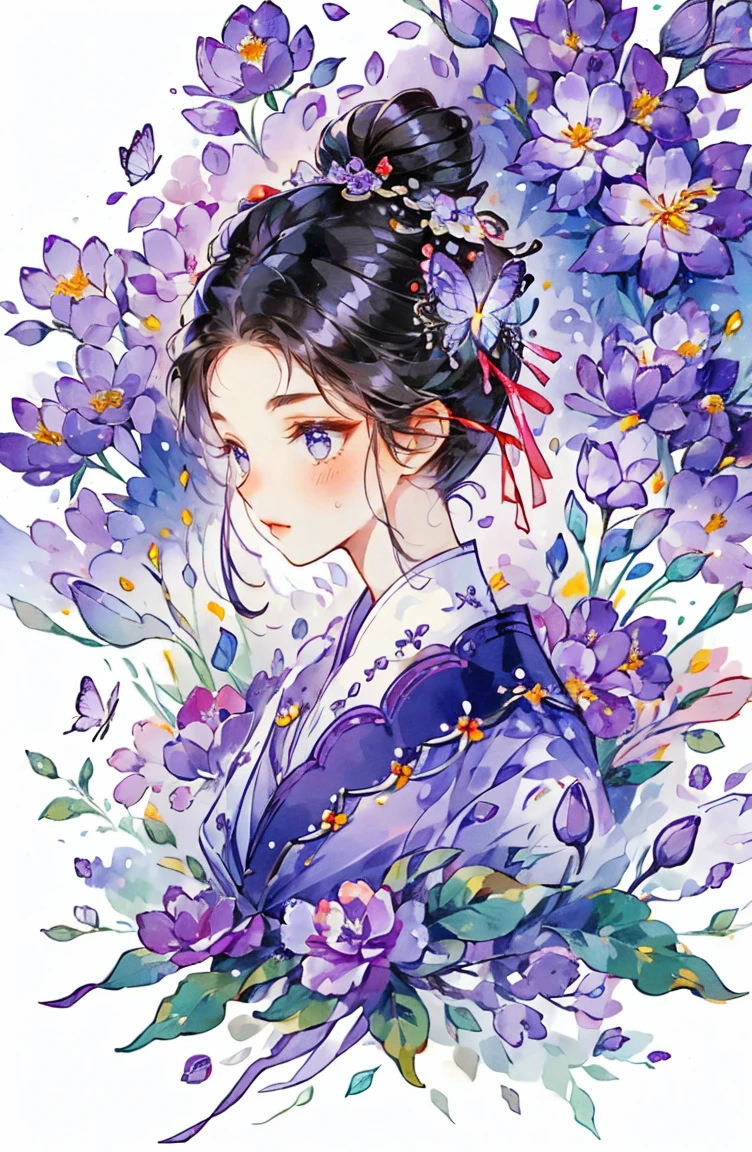 1 sister, alone, looking at the audience, Blushed, background with, black hair color hair, hair accessories, long sleeve, White background, Everlasting, Full body female love, flowers bloom, Purple, hair flower, bun, Butterfly, masterpiece, recent quality, best details, clear facial features, beautiful eyes