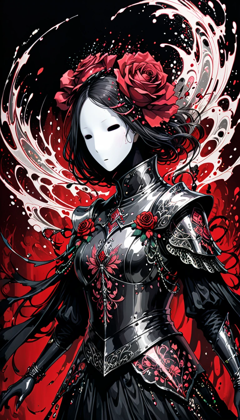 in style of Harry Clarke,character concept design,half body, (ROSE HEAD:1.5) (no face:2.0) paladin,angry,crazy smile,fighting pose,Magic Effects,Metallic details,Red tone,Unknown background,perfect hands,Core Art,The art of spray painting,Splash Art