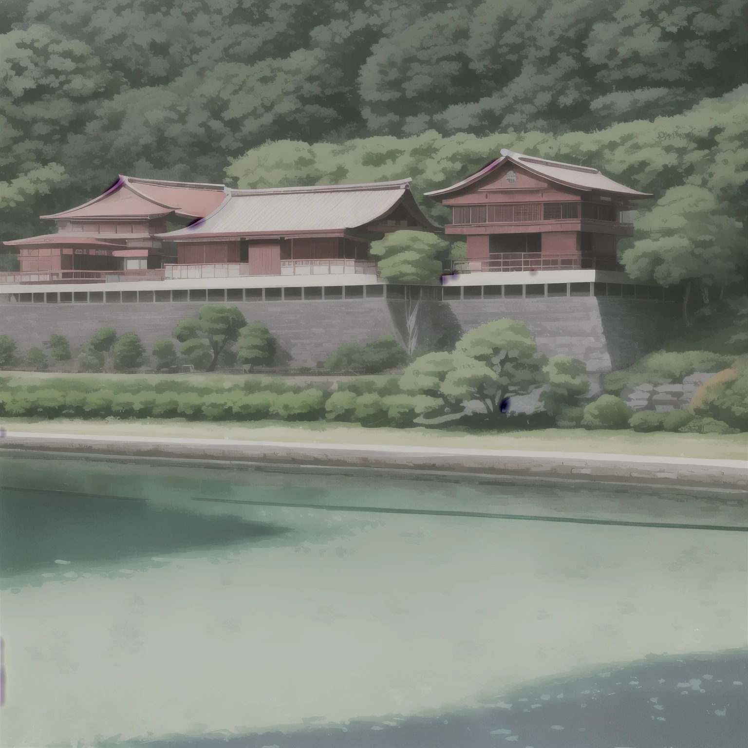 Serene riverbank with a small village, lush greenery, sparkling clear water, traditional Japanese houses, gentle sunlight reflecting on the water, peaceful and picturesque setting, Anime Style, --ar 16:9 --niji 6 --cref [URL] --cw 100