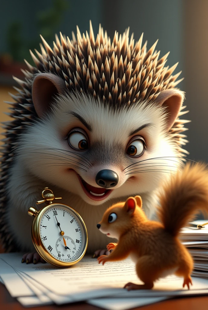 Close-up of a hedgehog with sharp spines, looking at his watch in panic. A squirrel runs around his desk with a stack of documents.