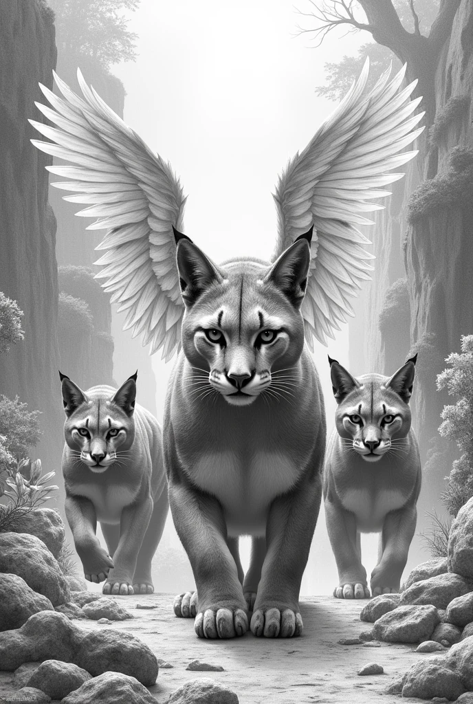generate a scene of real pumas and the other half artificial feathers throughout the painting, It has to be a pencil style drawing