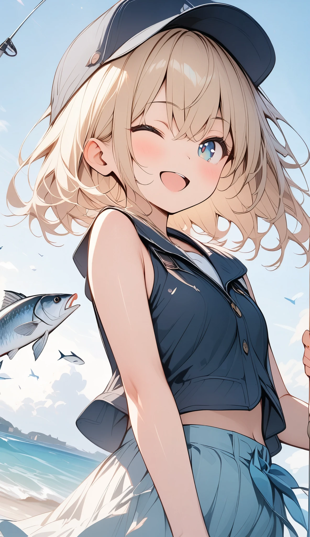Light colors, ((Amazingly absurd)), Ultra high resolution, Attention to detail, High quality, High resolution, Top quality, 4k, 8K, Artwork, Highlight fishing rod and fish, Summer breakwater, Fishing girl, Black vest, Cap, Eyes closed, Big smiling mouth, Big smile after catching a fish, Angel smile, Rod in left hand, Fish in right hand