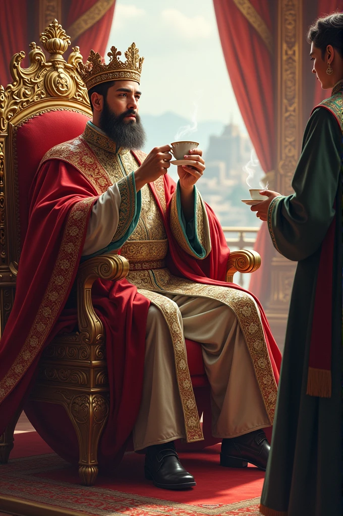 King sit on a chair and drink tea