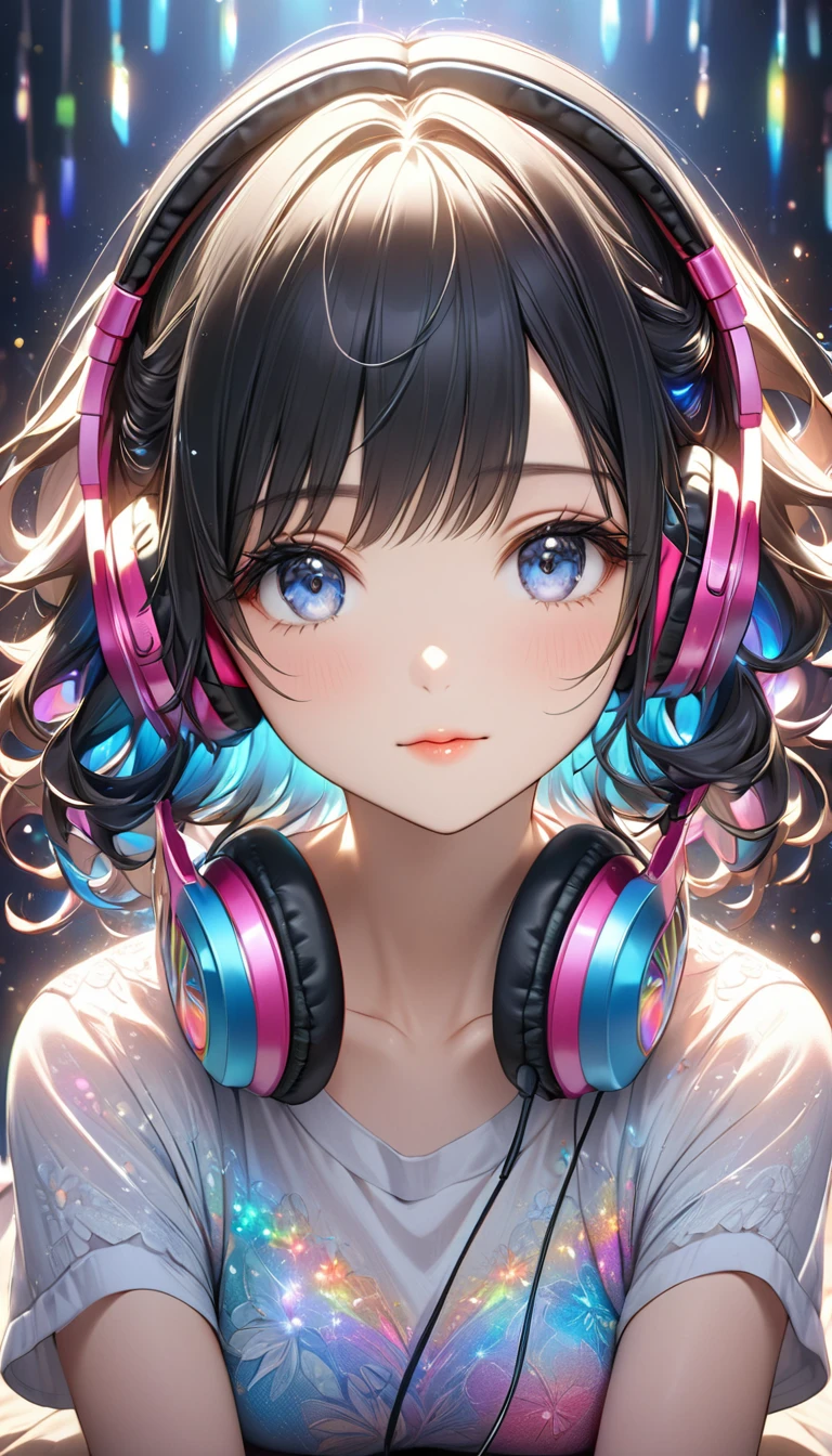 Highest quality, Intricate details, Very delicate, so beautiful, Highest quality, High Qualite, Very beautiful face, kindness, 超detailed hair, thin, cute, Perfectly symmetrical face, Upper body rest (Beautiful colors,detailed,Highest quality,Great quality,so beautiful),Lighting particles, Casual Fashion, Headphones, Black Hair
