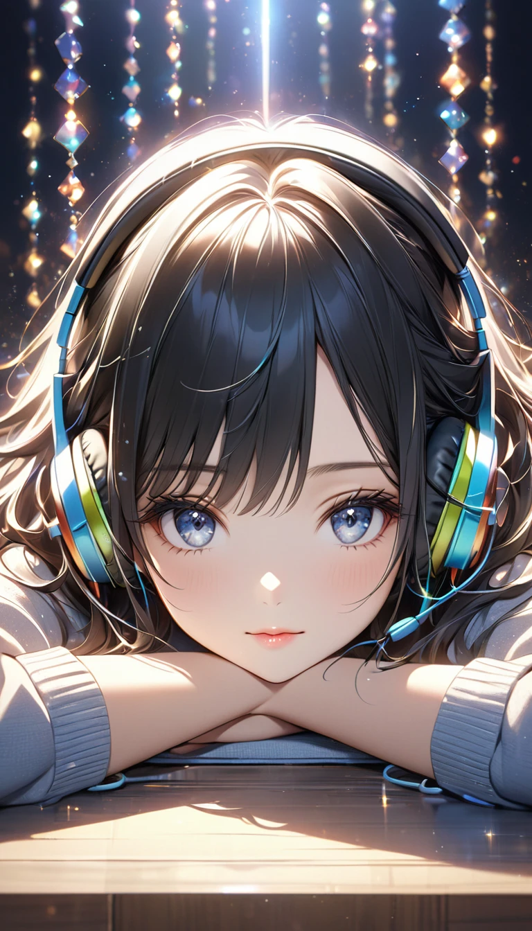 Highest quality, Intricate details, Very delicate, so beautiful, Highest quality, High Qualite, Very beautiful face, kindness, 超detailed hair, thin, cute, Perfectly symmetrical face, Upper body rest (Beautiful colors,detailed,Highest quality,Great quality,so beautiful),Lighting particles, Casual Fashion, Headphones, Black Hair