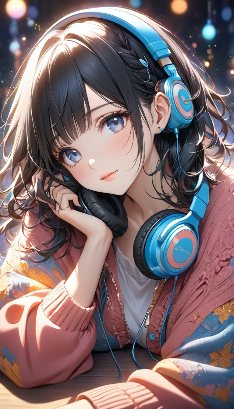 Highest quality, Intricate details, Very delicate, so beautiful, Highest quality, High Qualite, Very beautiful face, kindness, 超detailed hair, thin, cute, Perfectly symmetrical face, Upper body rest (Beautiful colors,detailed,Highest quality,Great quality,so beautiful),Lighting particles, Casual Fashion, Headphones, Black Hair
