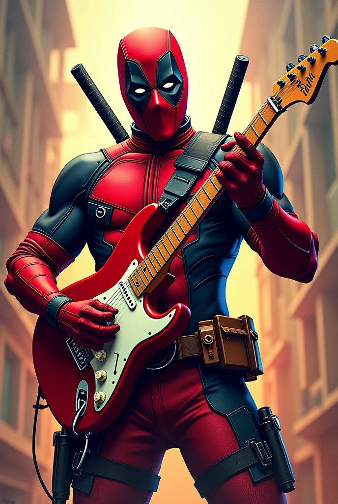 Create an image of Deadpool with a guitar and a slide trombone