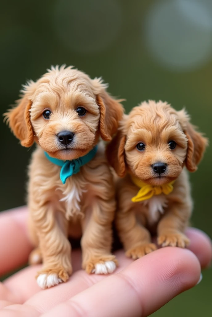 With the sunset in the background,(masterpiece:1.2, high quality), Five toy poodle puppies sleeping snuggled up together in bed、