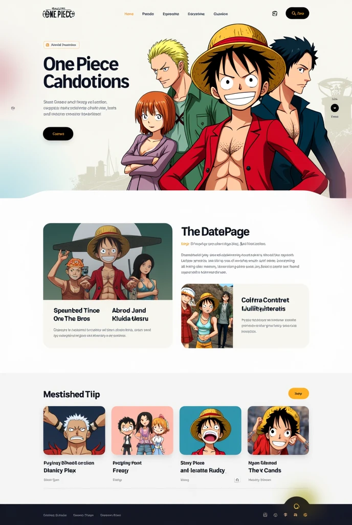 Create a modern One Piece landing page, where the characters are shown, episodes and others