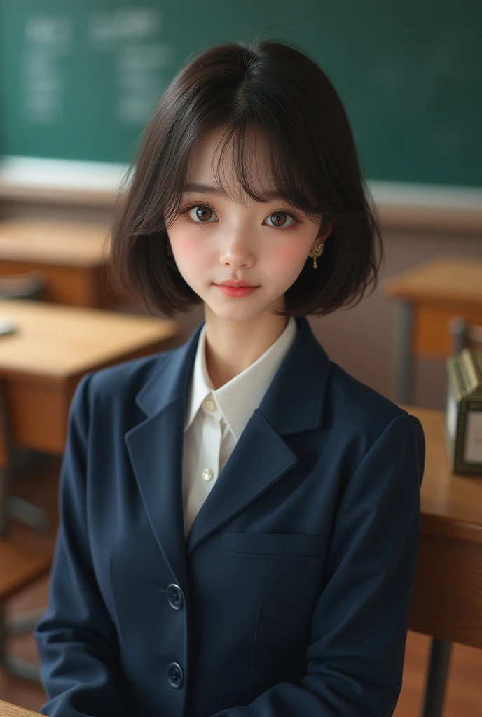 Highest quality, Face Focus, Soft Light, Ultra-high resolution, (Realistic:1.4), RAW Photos, 1 Japan, alone, cute, (A shy smile:0.5), (Brown eyes, Light in your eyes), Beautiful face in every detail, (Small box),(High resolution detail of human skin texture), (Short Bob Hair), break, In the classroom,Navy uniform, Best, skirt、Huge breasts、Small waist、sexy、