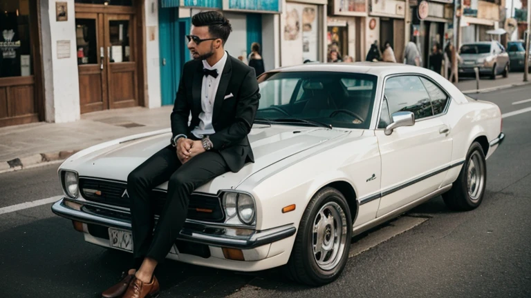Well dressed man next to a car on the streets of Ibiza