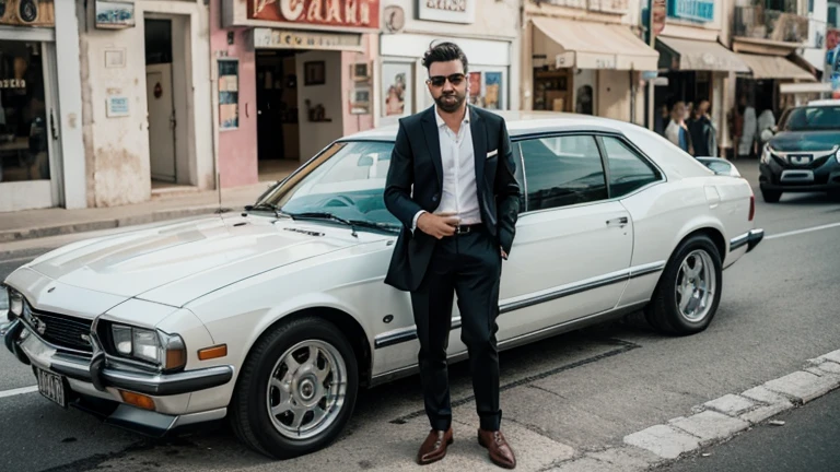 Well dressed man next to a car on the streets of Ibiza