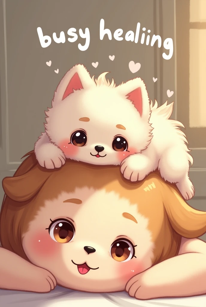 Cute dog lying on head with the words “busy healing”