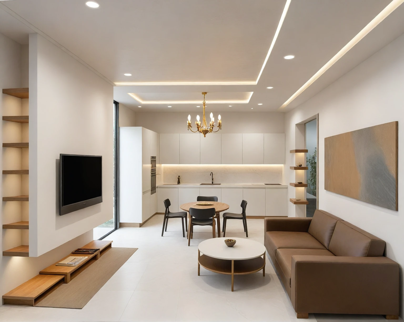 ((masterpiece,best quality,highres,sharp forcus)) (((detail forcus))) , ( living room and  dining :1.3 ), modern style, daylight, ((WHITE wall : 1.3 )) plaster ceiling, bright, oak , daylight , NEUTARAL tone , bright color, pendant light, marble tile floor, PENDANT LIGHT, 