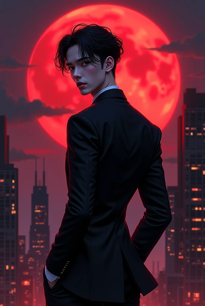 Show me a animated picture of a vampire asian young man with a slim body wearing fitted black blazzer featuring night city with red moon 