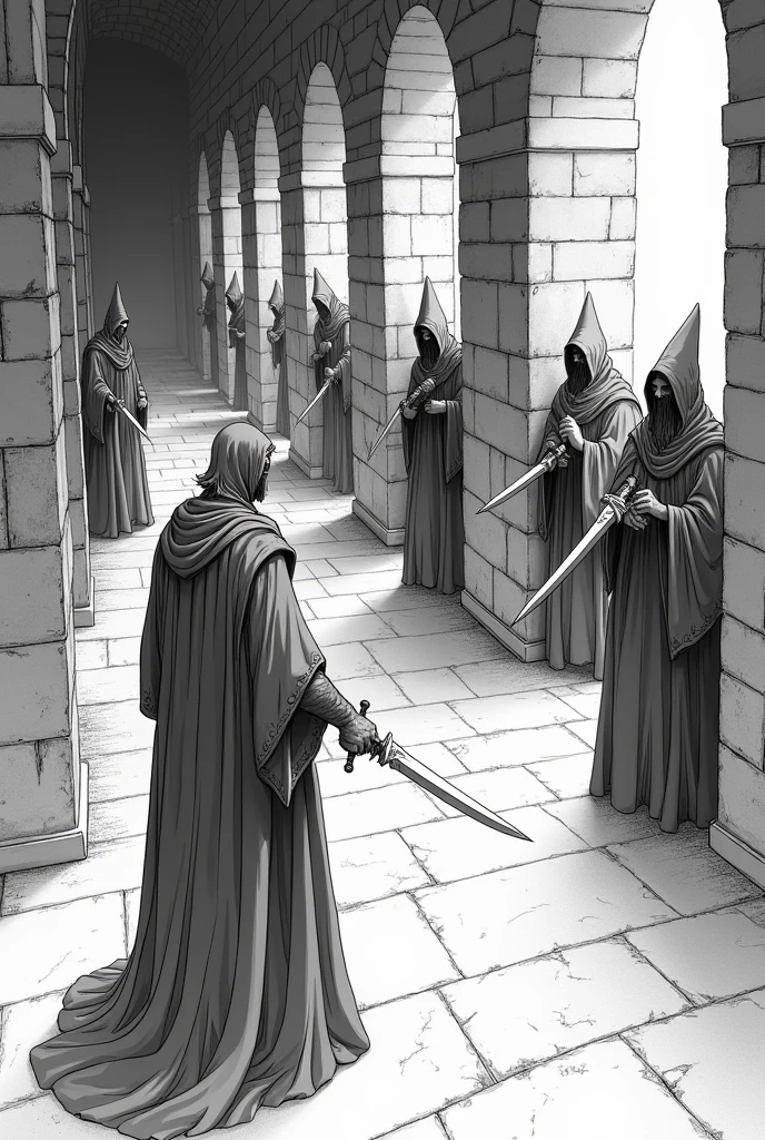 Create a lineart illustration Scene: Wizards emerging from the walls of the labyrinth, daggers in hand. Details: The Mages may be shown emerging from the shadows of the labyrinth walls, their robes imposing and their daggers gleaming in the dim light. Their expressions are stern and watchful, but upon seeing Dhorion, they sheath their weapons. Dhorion may be in the foreground, with the Mages in the background, suggesting his power and authority over them.