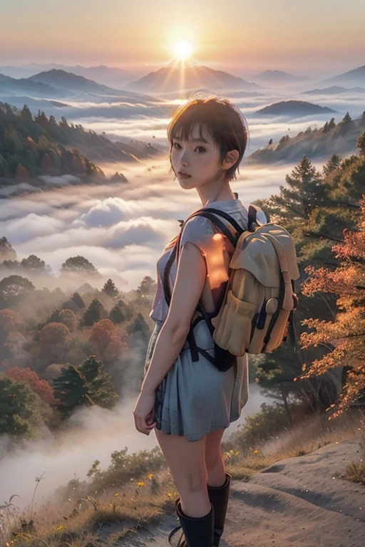 a beautiful japanese college girl with some freckles on her face inspired by hamada hideyaki shot by contax g1 with portra 800 film roll, ((short hair)), ((yellow trees forest)), autumn,scenery:1.25,((intricate scenery)),((autumn forest background)), ((sun rays)), ((view from above:1.4)), ((full body)), skimpy mini skirt, ((foggy mist)), ((foggy mist on the ground:1.2)), ((with a tourist backpack:1.3))