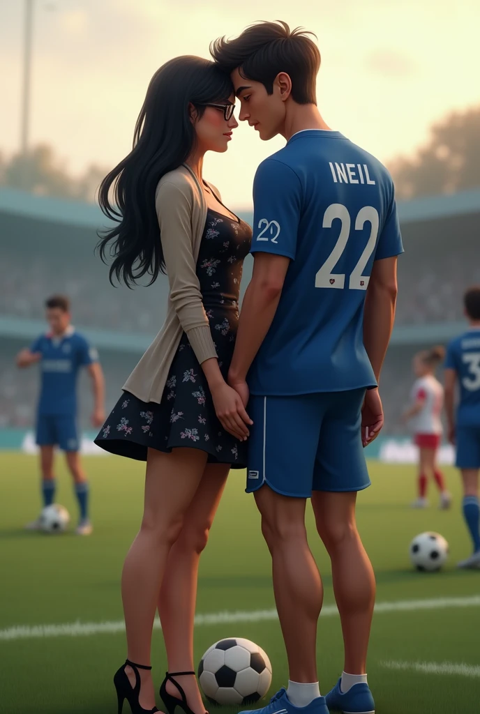 A man and woman standing in football ground. Man is standing between men . Woman is wearing a black dress with floral print and cardigan over her dress and high heels . Woman is wearing glasses and she has black hair. Left side  man beside woman wearing 22 number blue jersey. Neil is written on his jersey.he is looking at girl .Right side man wearing 32 number blue jersey. Siddharth written on his jersey . Woman and right side man resting forehead on each other . Both gir one feet taller than girl .  woman resting her forehead on Siddharth. Make some distance between neil left side guy