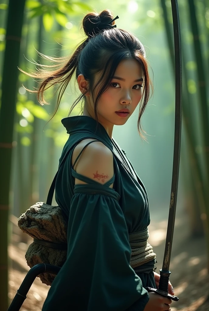 Female Samurai Photo, Stance for battle, With a sword drawn from its sheath, Ready for battle, wearing a samurai costume (kimono) (Bamboo forest wind), (The wind blew the leaves up), Cut on her shoulder ( High skin detail: 1.2), 8K Ultra HD, Single-lens reflex camera, Soft lighting, high quality, Film Grain, Fujifilm XT3