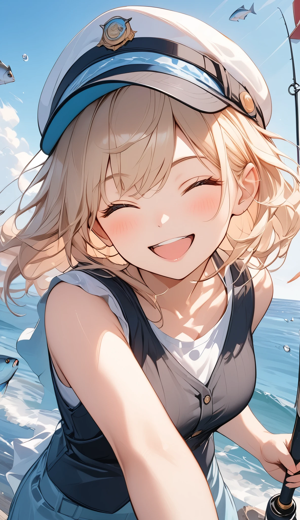 Light colors, ((Amazingly absurd)), Ultra high resolution, Attention to detail, High quality, High resolution, Top quality, 4k, 8K, Artwork, Highlight fishing rod and fish, Summer breakwater, Fishing girl, Black vest, Cap, Eyes closed, Big smiling mouth, Big smile after catching a fish, Angel smile, Rod in left hand, Fish in right hand