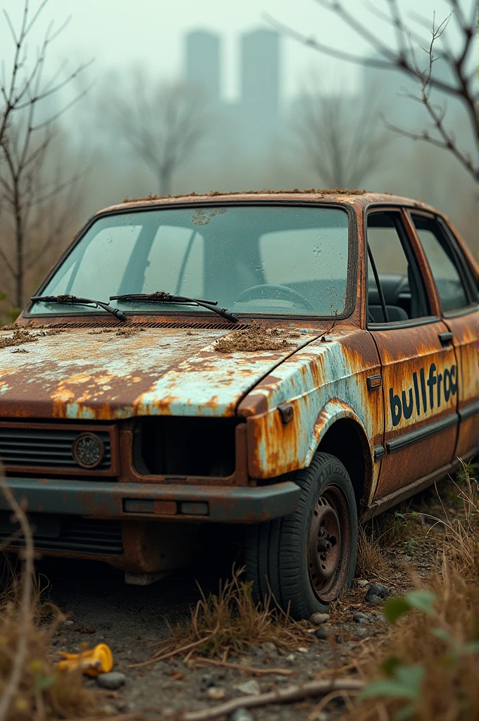 Worst rusty car in the world, smoking and abandoned.broken glass without tire ,all full of rust with weeds growing and "bullfrog" written on the right door, It doesn't have a left door, the car is a Fiat Marea Turbo