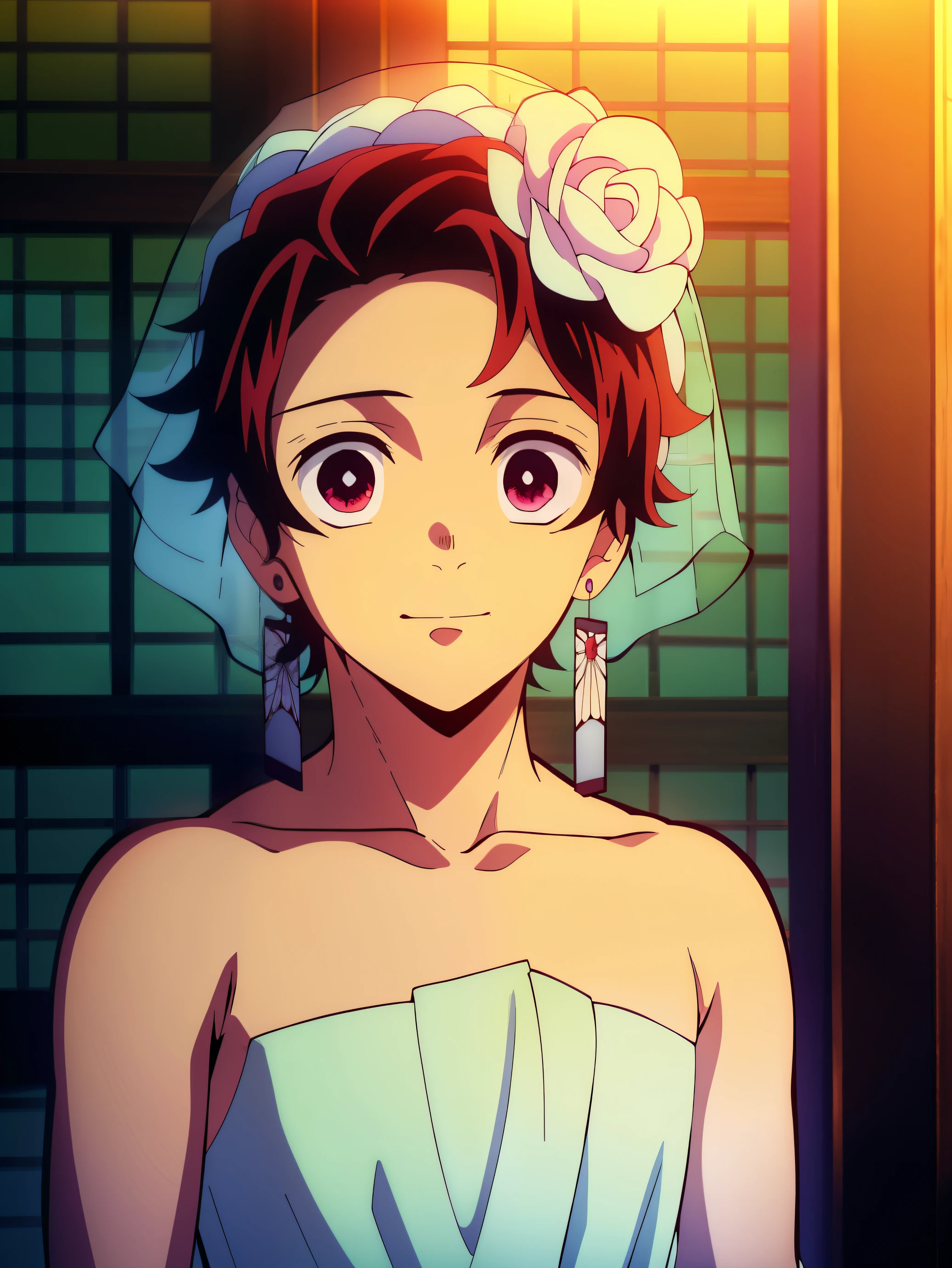Anime style, Highres, Masterpiece, Best quality at best,High-quality illustrations, Best Quality,hight quality, hight detailed, Depth field, Anime screencap style, 1boy, Shota, Solo person, Tanjiro, red hair, earring, Inside a church, Style of wedd00ing, Strapless dress, Bare shoulder, Transparent veil covering head, Flowers on head, Fluffy hair, Handsome boy, Cheerful boy, ( young boy), (very small and short body), look at viewer, Seen from front, boy focus, Uhd, 4k