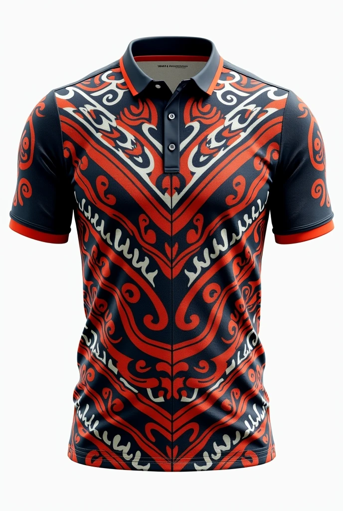 Create rugby jersey maori Samoa  tribe full  pattern black white red  retro black  orange / black collar white background front and back design side by two side  clear design 