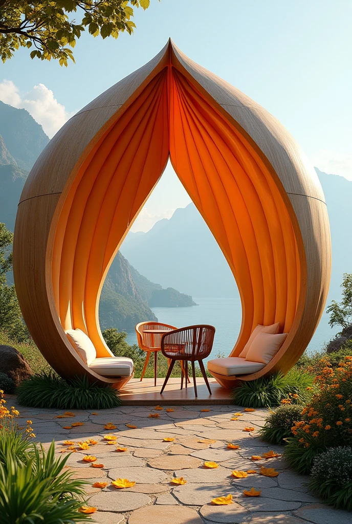 pavilion shaped like a flower with fallen petals and a chair and table underneath it