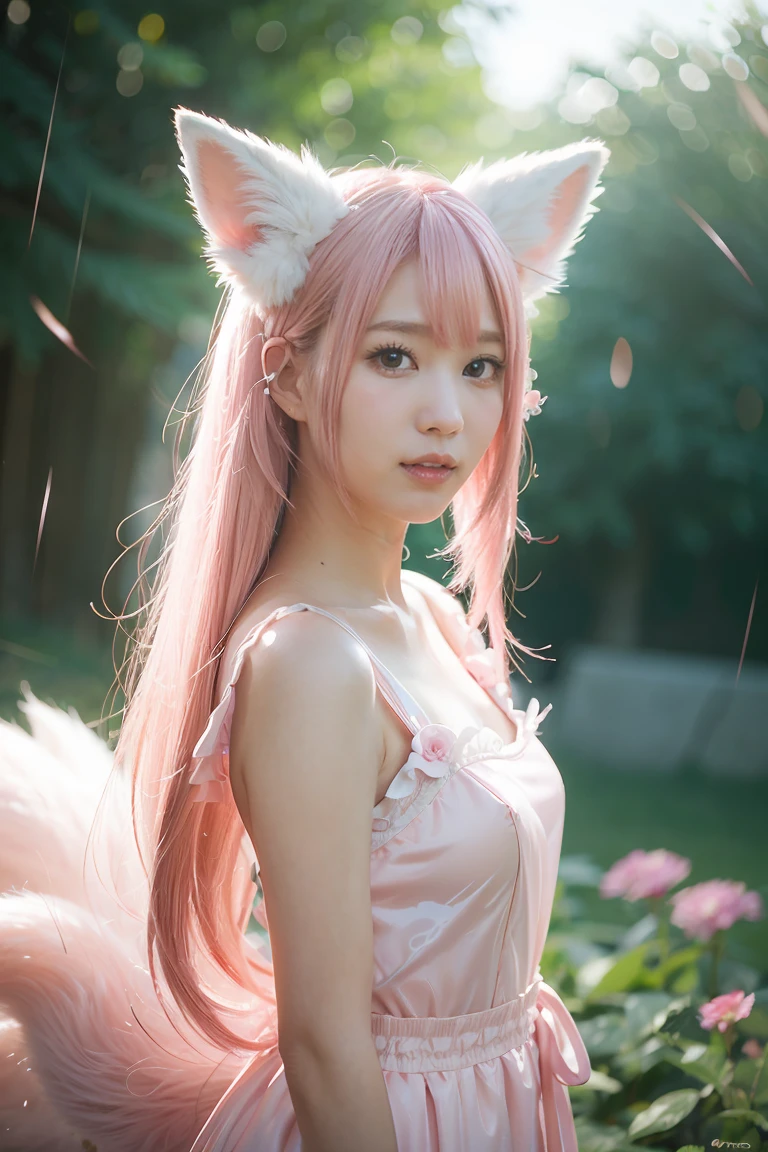 Nine snow-white fox tails (1.0), Milky white fox tail (1.0), Close-up of the nine-tailed fox, nine tails, nine tails, 动漫girl，pink hair，pink dress，flowers on hair, very 美丽的动漫狐狸girl, 美丽的动漫狐狸girl, Beautiful fantasy anime, guweiz, 狐狸耳朵的动漫girl, 美丽的动漫girl, 非常美丽可爱的狐狸girl, pink flower rain, facing forward, jump, spread your legs,shift dress (skirt lift), Lift up your skirt yourself，exposed,Pink dress， lace silk skirt, focus,sling，Strangled，Great Assa， blush, parted lips, looking at the audience, slit top, (Crowded city), dull bangs, small, (The delicate shape of the female pubic bone is clearly visible: 1.4), (No: 1.2)，girl，Full body image，background blur, anime style 4k, anime fantasy artwork, 4k anime wallpaper, Gouves style artwork, Perfect body, beautiful body，barefoot