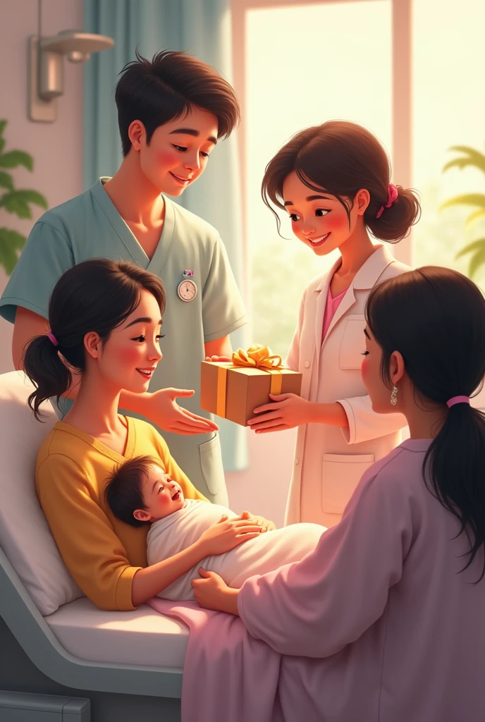 me friend bithi gave birth a new and both of them in a clinic in bed and i surprise her with a gift i stand down beside.. my bestu's mom and relatives also there