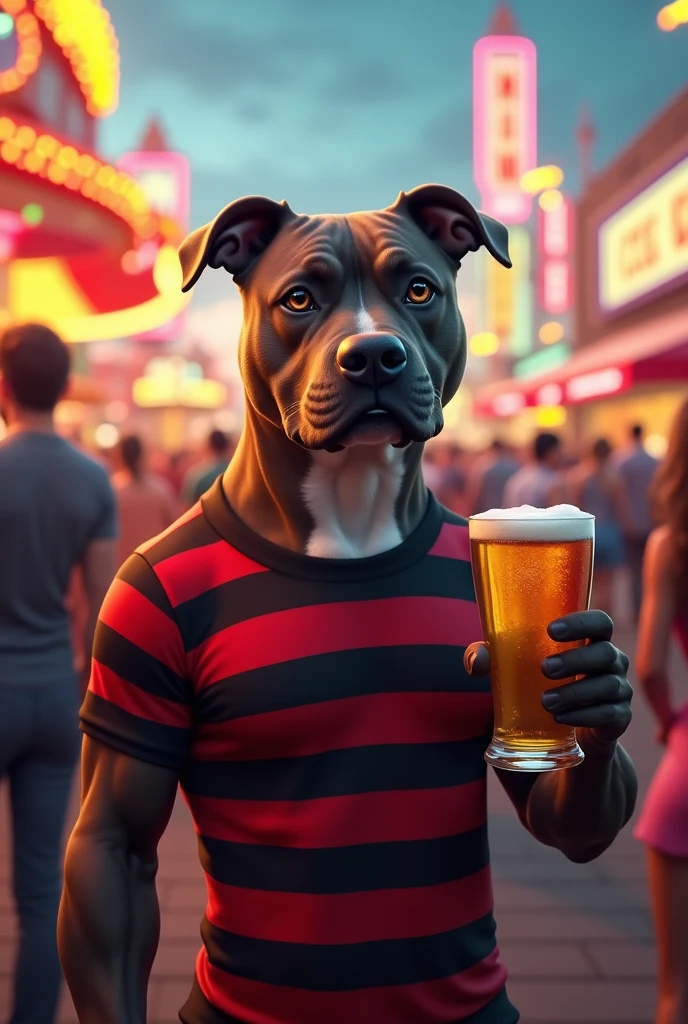 pitbull at carnival with red and black striped shirt holding glass of beer