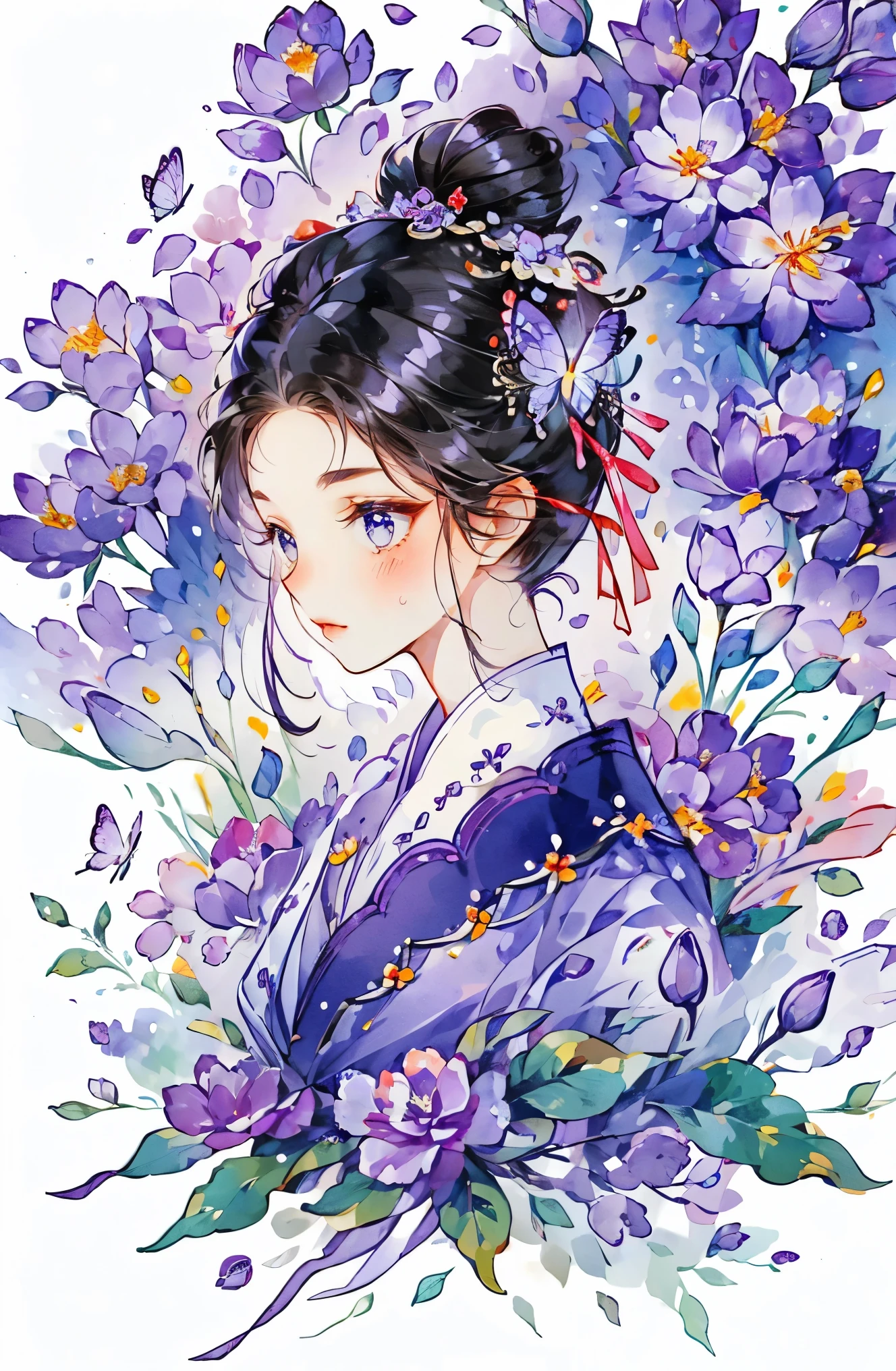 1 sister, alone, looking at the audience, Blushed, background with, black hair color hair, hair accessories, long sleeve, White background, Everlasting, Full body female love, flowers bloom, Purple, hair flower, bun, Butterfly, masterpiece, recent quality, best details, clear facial features, beautiful eyes