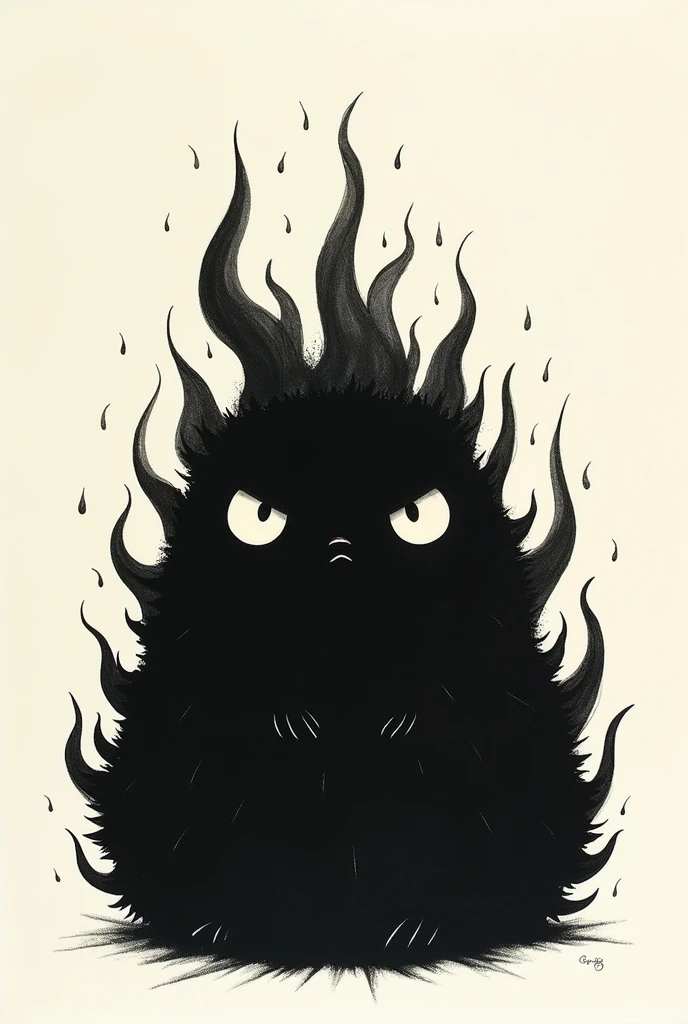 Screen print of a simple black furry creature with black fire 