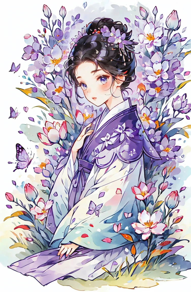 1 sister, alone, looking at the audience, Blushed, background with, black hair color hair, hair accessories, long sleeve, White background, Everlasting, Full body female love, flowers bloom, Purple, hair flower, bun, Butterfly, masterpiece, recent quality, best details, clear facial features, beautiful eyes