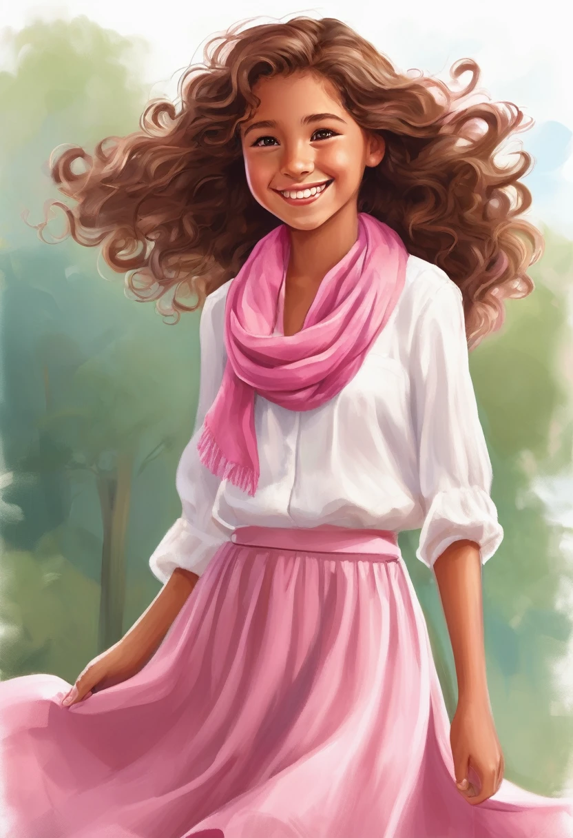 The image is a digital illustration of a young girl with long, curly brown hair. She is wearing a white blouse with a pink skirt and brown sandals. She has a big smile on her face and is holding a pink scarf in her hands. The background is plain white. The girl appears to be happy and relaxed.