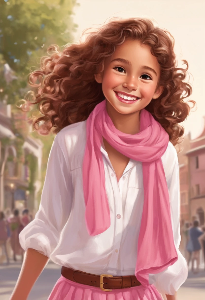 The image is a digital illustration of a young girl with long, curly brown hair. She is wearing a white blouse with a pink skirt and brown sandals. She has a big smile on her face and is holding a pink scarf in her hands. The background is plain white. The girl appears to be happy and relaxed.