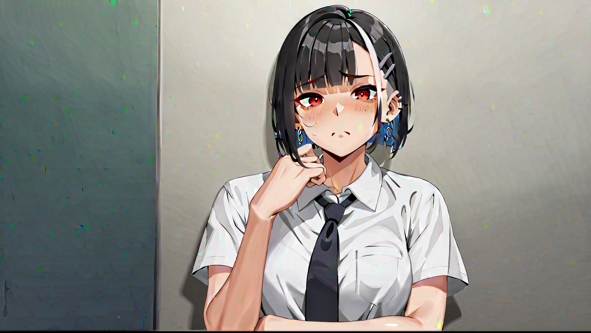 Place your hand on your chest、Sad face、Sad face、cyber punk、1girl、black hair, ((highlights hair, silver streaked hair))、blunt bangs、White shirt、Black tie、Pleated skirt、Red Eyes、Korean、Downtown at night、Slam Dunk、Straight Hair、Bobcut、Earrings