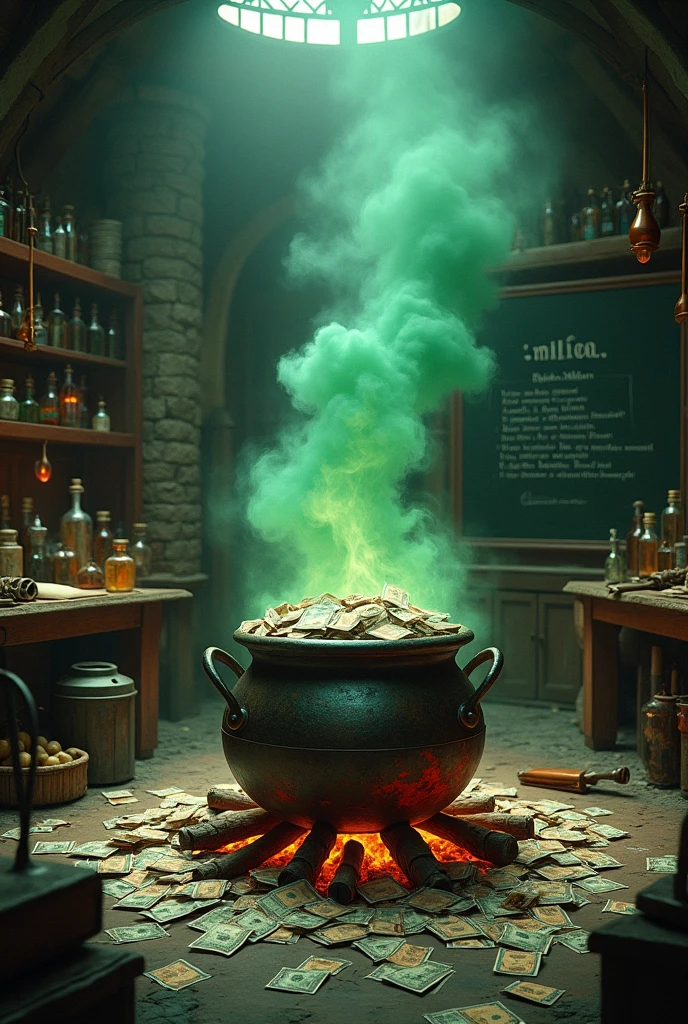 Imagine an aged metal cauldron, placed on a crackling fire in a sorcerer's apprentice laboratory. The cauldron is overflowing with blood-stained bills, which cascade around him. Thick green smoke billows from the cauldron, mingling with the other strange objects in the laboratory : potions, open grimoires, and various magical instruments. At the back of the room, you can see a blackboard with clear, legible writing on it:: The recipe for a million. The whole thing is bathed in a subdued and mysterious light., adding a touch of adventure and magic to the scene.