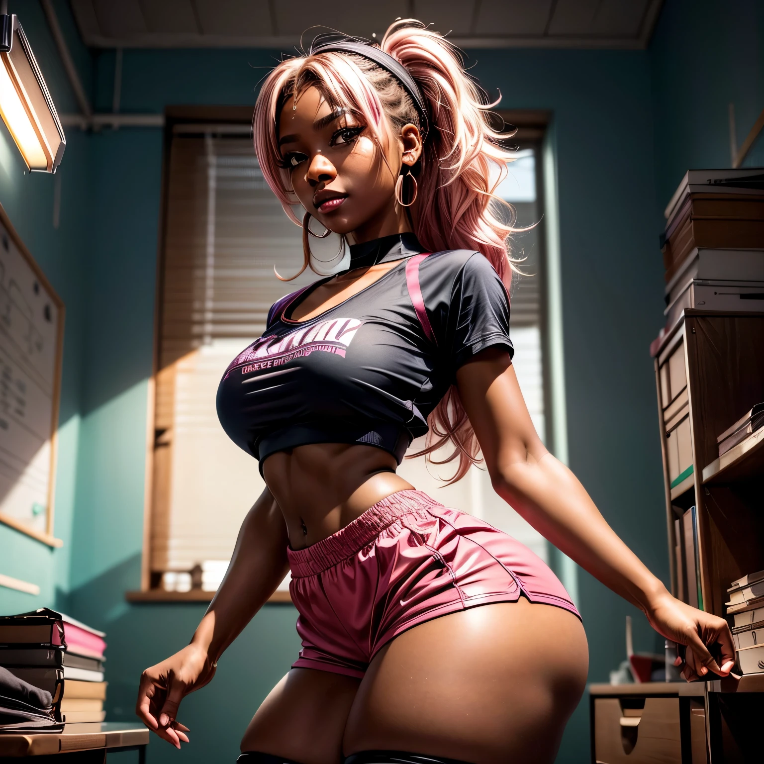 
Highest Quality, ​masterpiece, beautifully detailed eyes, (dark skin), short Blonde Hair, Gradient Hair, pink highlights in hair, large breasts, wariza, makeup, glossy lips, full lips, classroom, cheerleader, light smile, midriff, collarbone, thigh highs, miniskirt, thick thighs, (large breasts), Masterpiece, high quality, high resolution, volumetric lighting, subsurface scattering, 8k, Beautiful woman, (dark skin), phillipino, college student, uniform, (round-butt), (tight-blouse), (cotton-shorts:1.2), wavy hair, headband, hoope earings, in mad doctor's room, sexy pose, seductive pose,