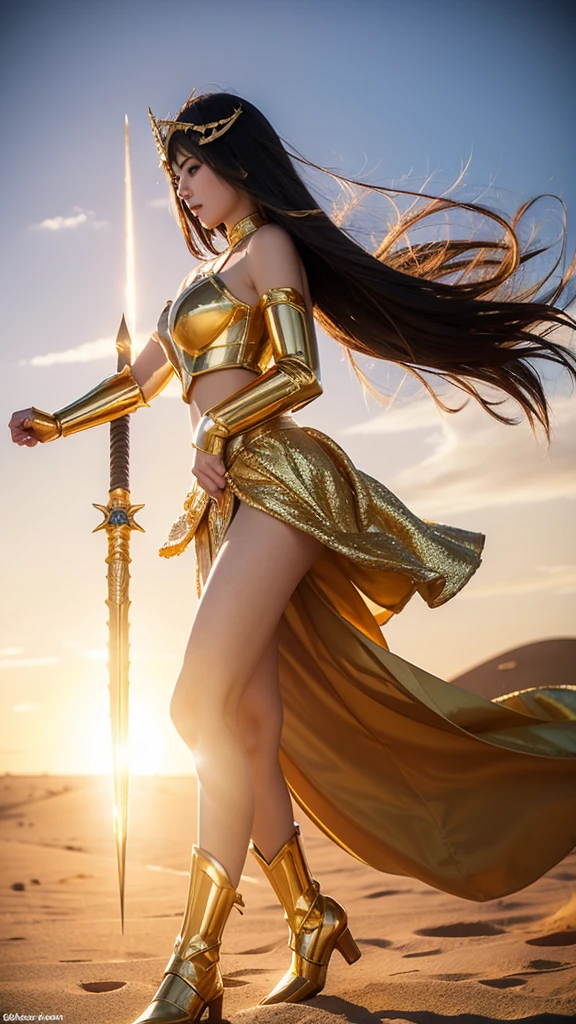 1girl, solo, saint seiya_custome, superhero, gold armor, gold dress, beautiful princess, belly, are on the battlefield, gold sword, gold skirt, running, background in the desert of war