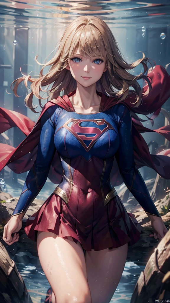 Ultra-high resolution, Ultra-realistic, masterpiece, Melissa Benoist, In Supergirl costume, blonde, Underwater, blue eyes, Perfect body, slim, chest, Professional Lighting, smile, sexy, Provocative pose、Depict the whole body