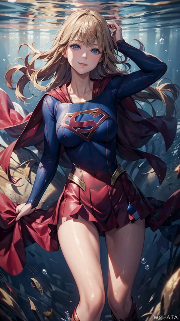 Ultra-high resolution, Ultra-realistic, masterpiece, Melissa Benoist, In Supergirl costume, blonde, Underwater, blue eyes, Perfect body, slim, chest, Professional Lighting, smile, sexy, Provocative pose、Depict the whole body