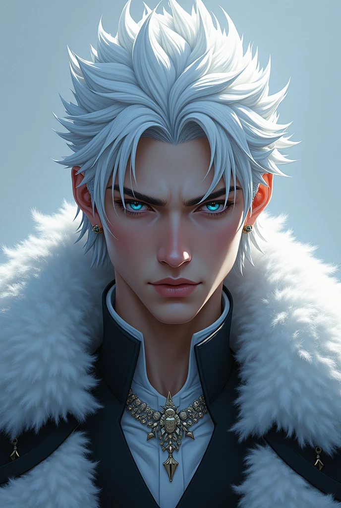 A handsome cold hearted prince with white hairs
and ice blue eyes