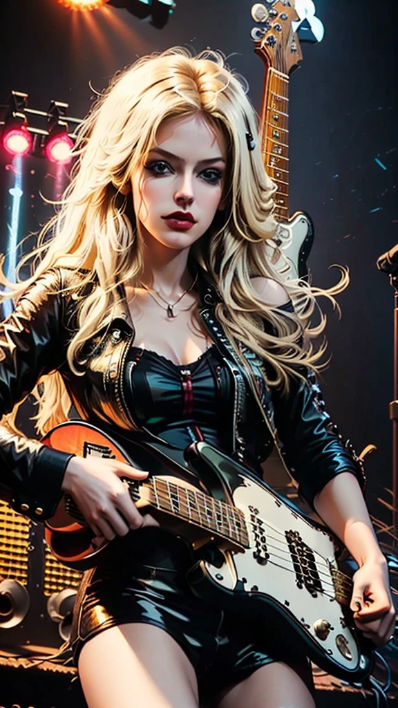 sexy blonde playing fender stratocaster,high-resolution photography,rock concert,blurred background,vibrant colors,dynamic lighting,detailed fingers,strumming guitar,expressive face,movement,stage performance,electric guitar solo,showmanship,loud music,energetic atmosphere,distortion effects,rock and roll vibe,leather jacket,cool sunglasses,confident,sexy stage presence,crowd cheering,spotlight,electric energy,