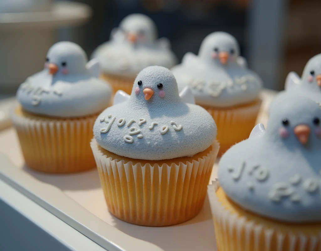 ((Highest quality)), ((masterpiece)), (detailed), A realistic grey dove-shaped cupcake,((「SORA ROID」Written)), There are many of them lined up in the showcase inside the store., front, from front, front view, photorealistic, realistic photo, from movie stills